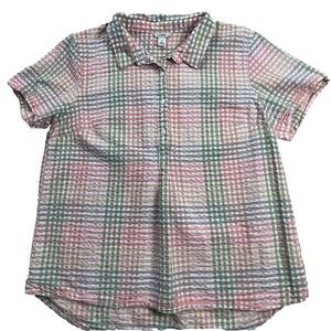LL Bean Seersucker Shirt Top Med Womens Pullover Button Vactionland Pink Green